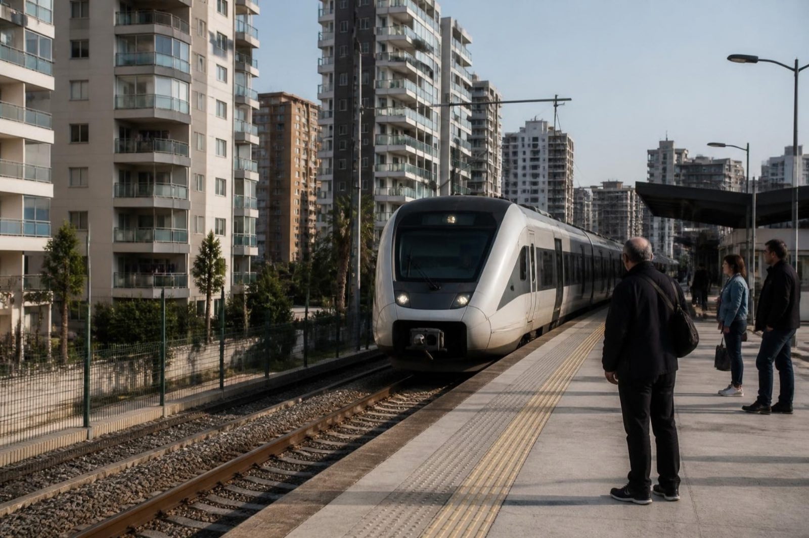 Arkasında konut kuleleri olan bir banliyö peronuna yanaşan beyaz bir tren