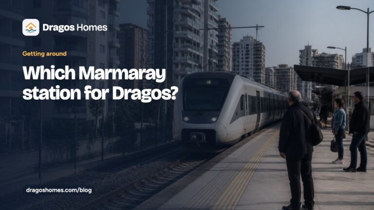 “Which Marmaray station for Dragos” başlıklı Dragos Homes rehber kartı; bir banliyö peronundaki tren fotoğrafı üzerinde